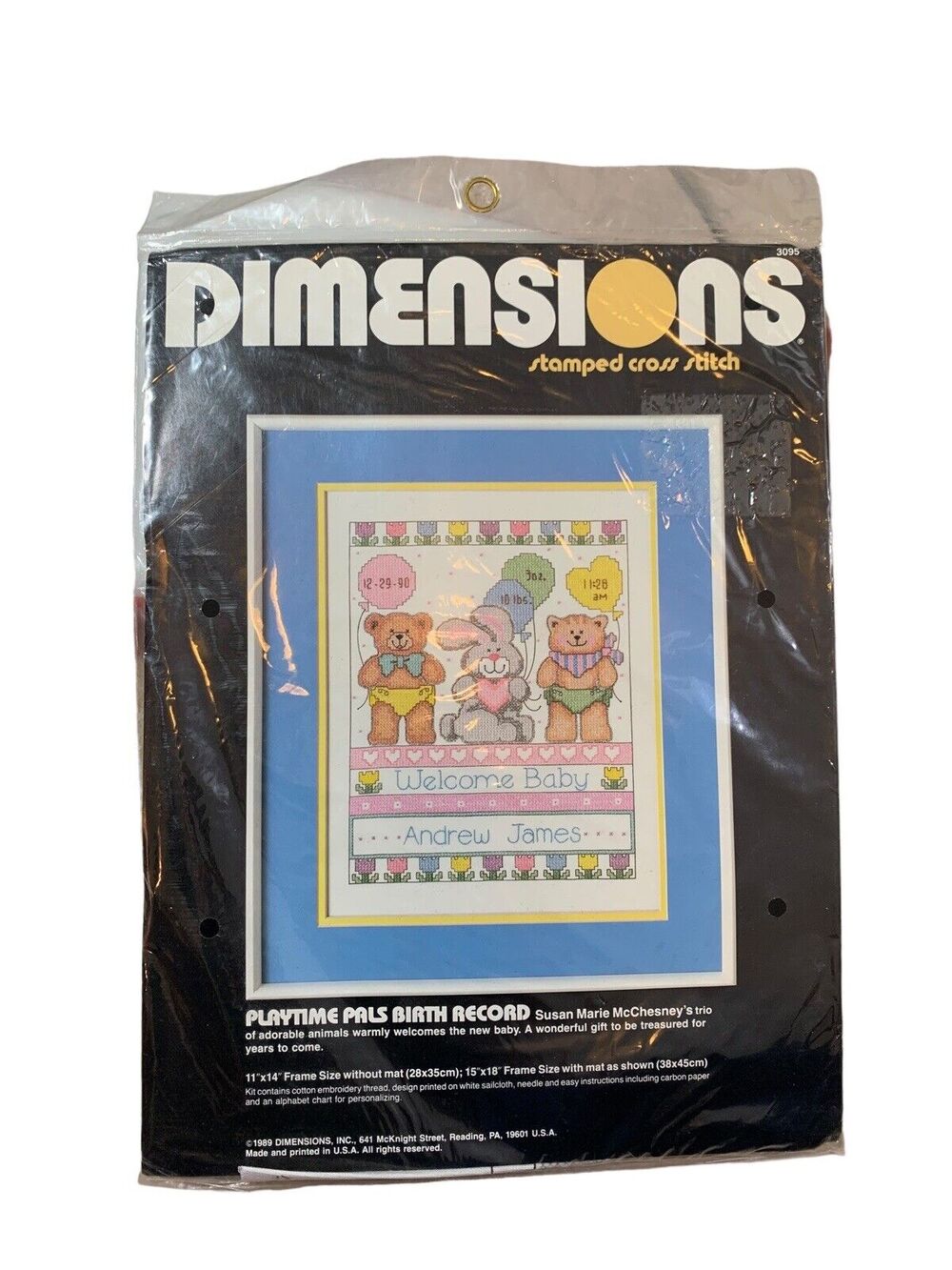 NEW Vtg 1989 Dimensions Cross Stitch Kit Playtime Pals Birth Record 11"x14" 3095